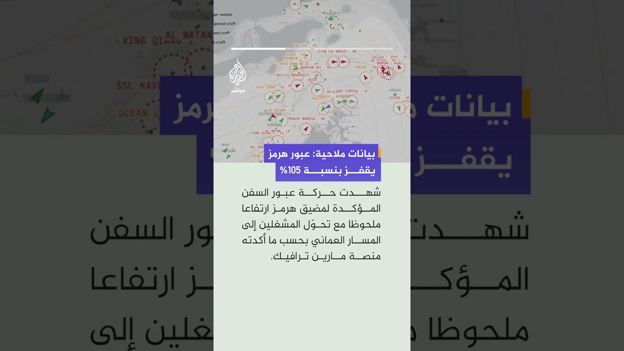 مارين ترافيك: ارتفاع ملحوظ في حركة عبور مضيق هرمز مع تحول المشغلين للمسار العماني