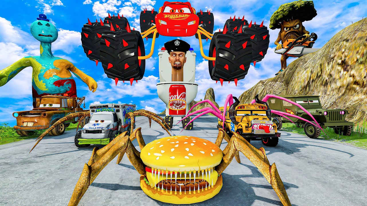 ALL MONSTERS Big & Small Cars vs Downhill Madness with CAR EATER & LIGHTHOUSE EYE  BeamNG.Drive