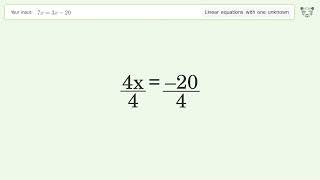 Solve 7x=3x-20: Linear Equation Video Solution | Tiger Algebra