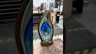 Hand fitted claro walnut base with LED puck light for Murano glass art piece