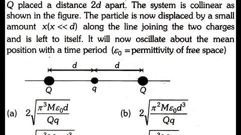 A particle of mass M and charge q is rest at the midpoint between two other fixed
