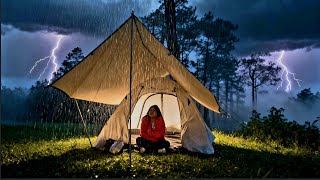 Solo Camping Heavy Rain || Heavy Rain Camping in Cozy Tent - ASMR