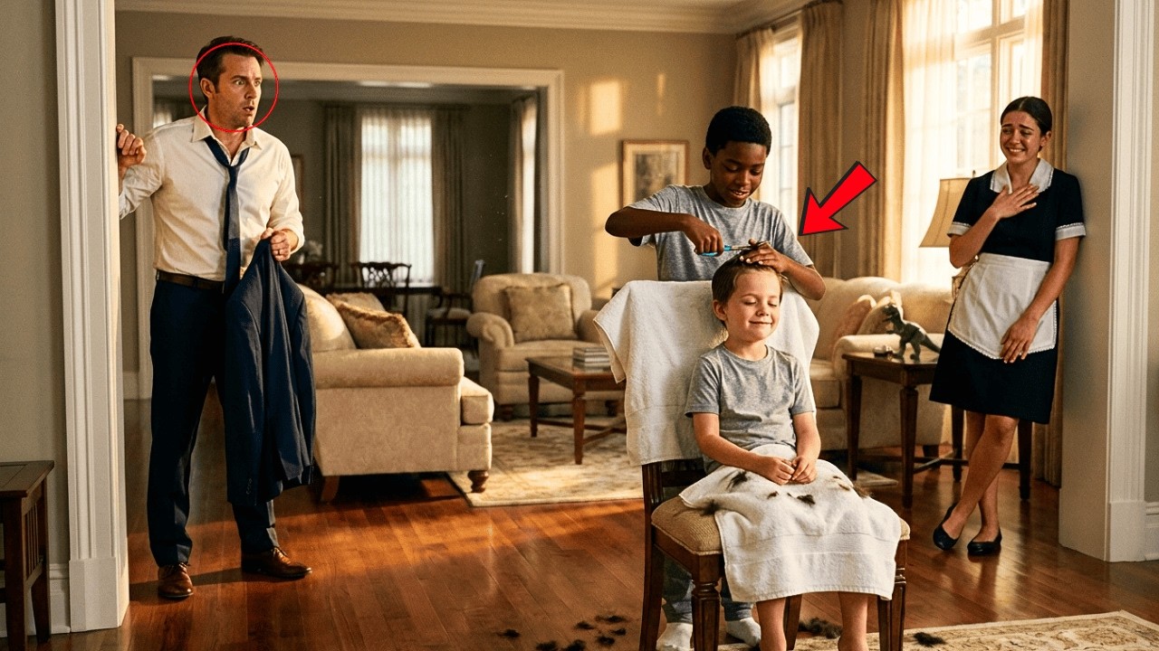 MILLONARIO LLEGÓ A CASA CANSADO...Y VIO AL HIJO DE LA EMPLEADA CORTÁNDOLE EL PELO A SU HIJO AUTISTA