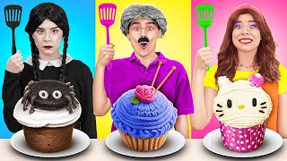 Me vs Wednesday vs Grandpa Cooking Challenge 🕷️ Sweet and Dark Recipes🎀 by 123 GO!