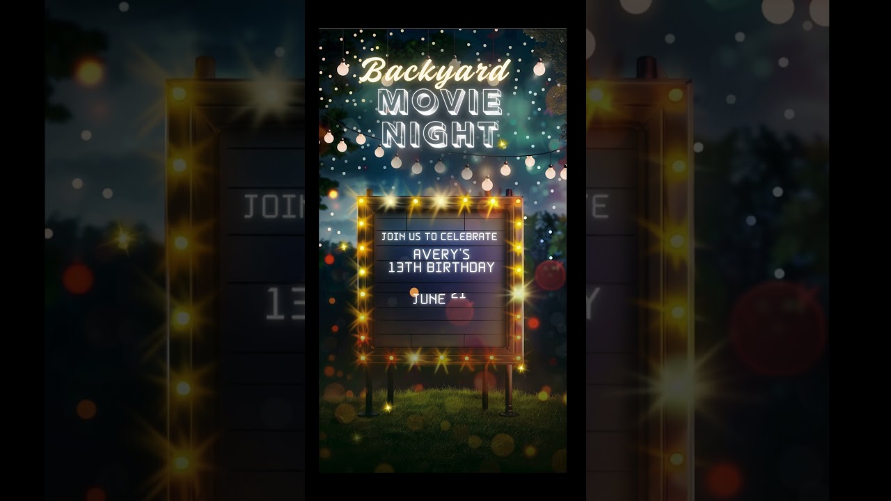 Outdoor Movie Night Animated Video invitation,Backyard movie birthday party
