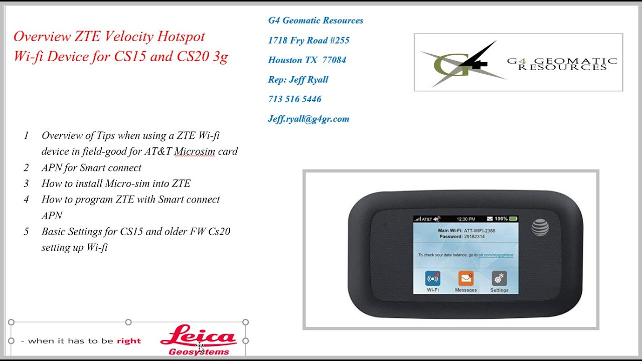 Leica CS20 3g or CS15 Data Collector: How to Interface a AT&T ZTE Velocity Wi-fi  for 4g Internet