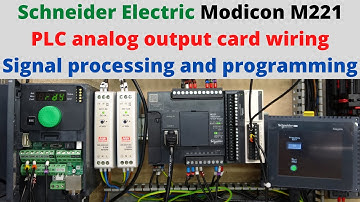 Schneider Electric Modicon M221 PLC analog output card wiring, signal processing and programming.
