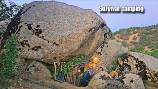 Building а Wooden Shelter Under Huge Rock | 3 days  Bushcraft Survival Camping With my Dogs.