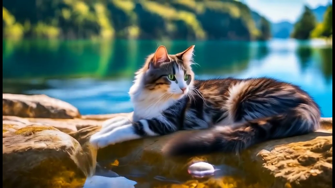 A cat with iridescent scales instead of fur, lounging on a rock by a shimmering magical lake