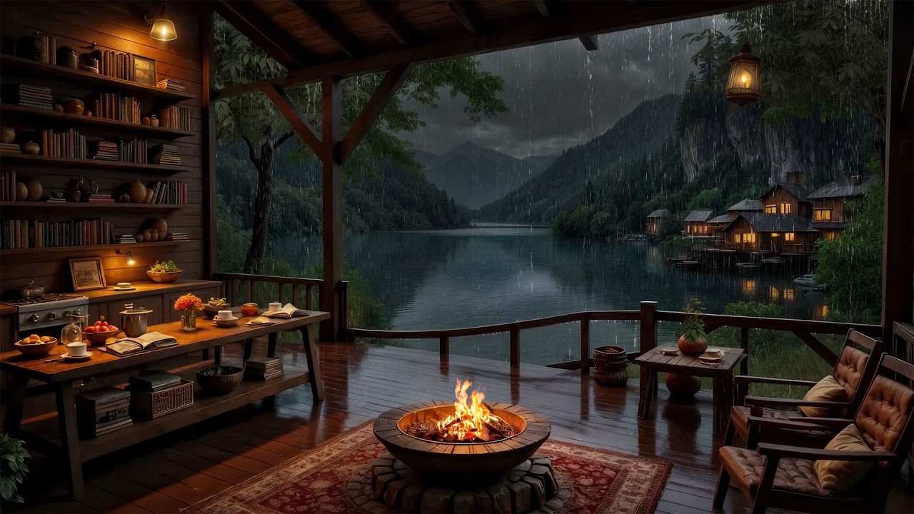 No Ads | Rainy Lake Balcony with Crackling Fireplace 🌧🔥Deep Sleep & Stress Relief Sounds , relaxing