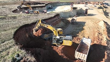 Caterpillar 352F & Liebherr 964 Excavators Loading Trucks - Aerial View - Ascon Ltd
