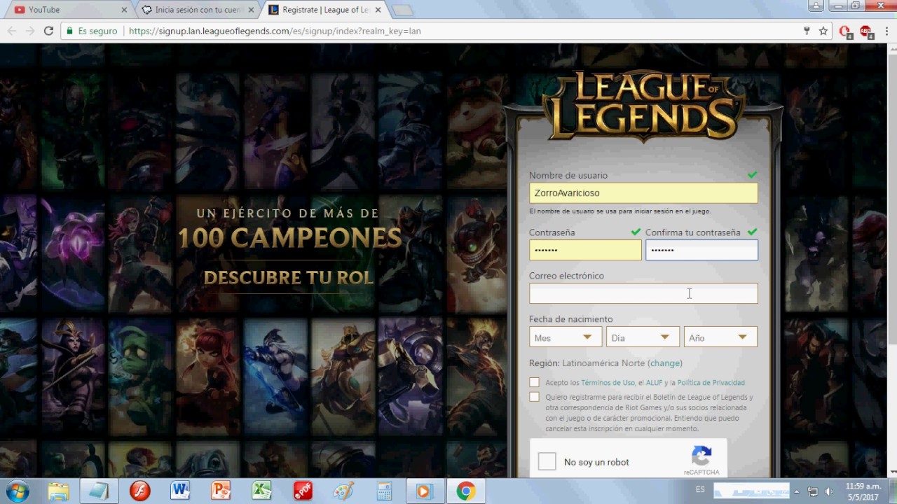 Como crear una cuenta en League Of Legends - YouTube
