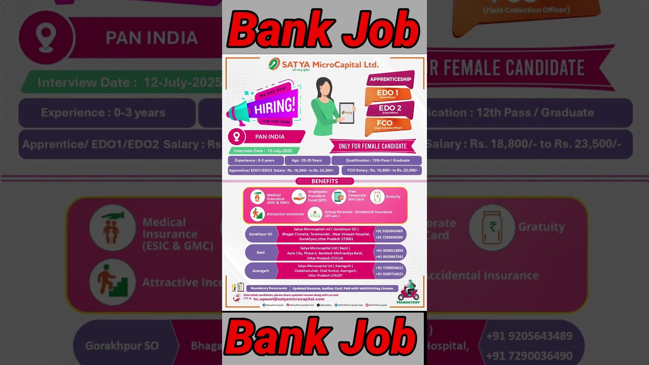 Bank Job vacancy//Satya micro capital//