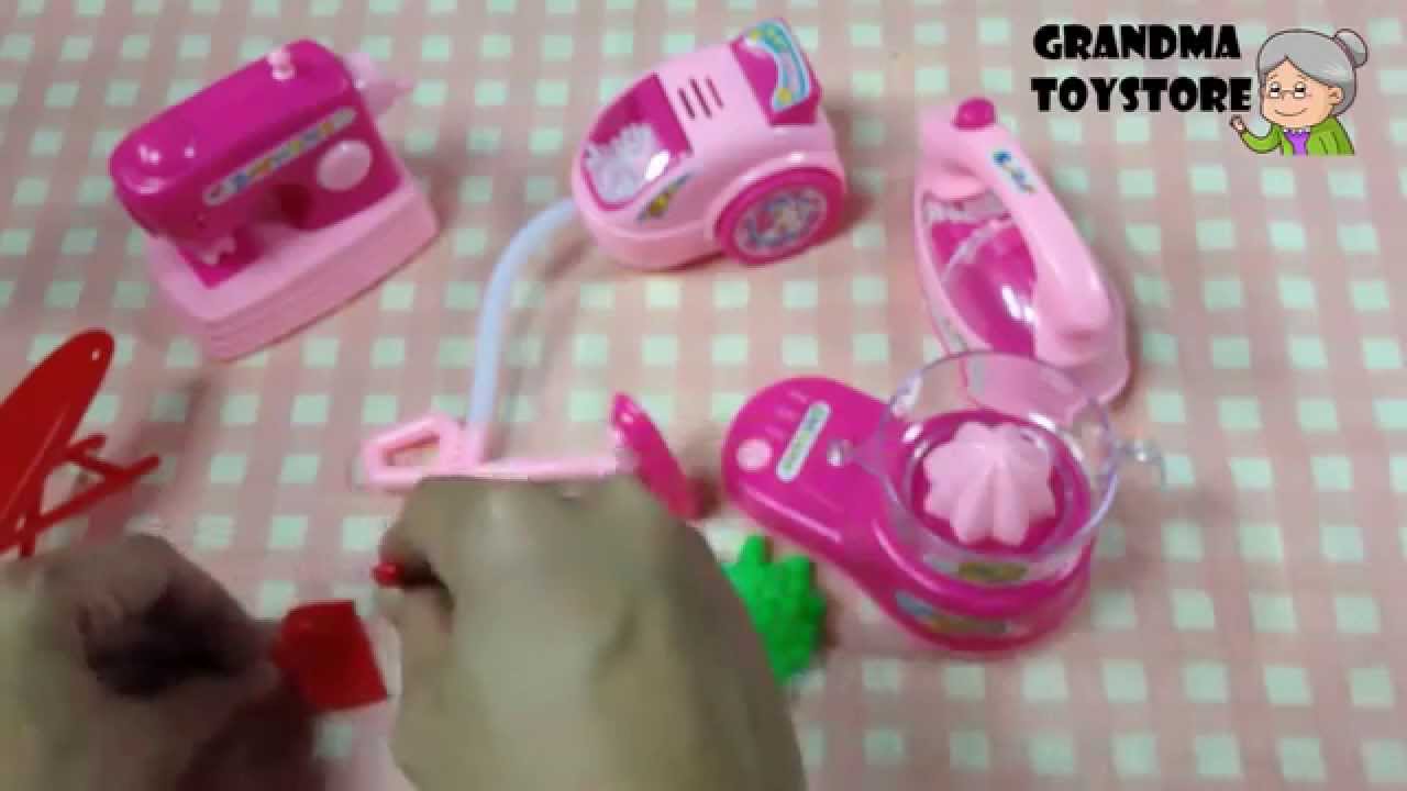 Unboxing TOYS Review/Demo - Fun pink Household set sewing vacuuming ironing mixer broom