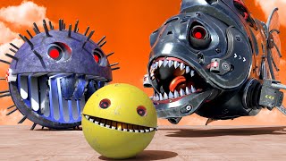 Robot Pacman VS Spiky Monster and Cartoon Cat in Crazy Maze of Space Colony
