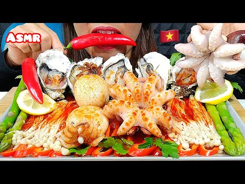 EATING SPICY SEAFOOD BOIL, OCTOPUS, OYSTERS, CUTTLEFISH, ENOKI MUSHROOMS, ASPARAGUS ASMR Sounds