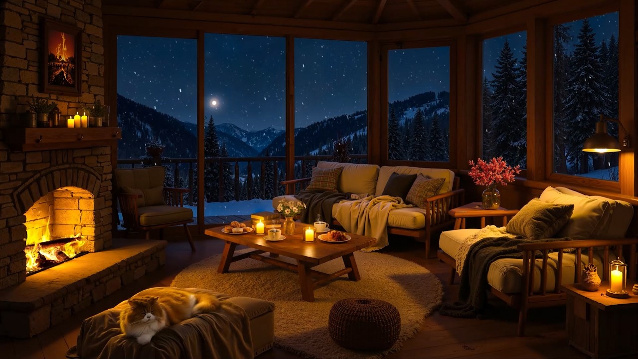 Deep Sleep in Cozy Wooden Cabin | Smooth Jazz & Crackling Fireplace for Relaxing Winter Night