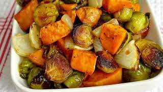 Roasted Sweet Potato and Brussels Sprout. Fresh and Flavorful Side Dish Recipe