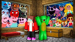 JJ and Mikey Hide From SCARY monsters ! paw patrol in Minecraft - Maizen