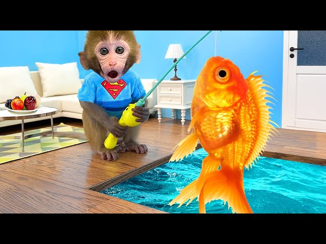 Monkey Baby Bon Bon  goes fishing and bathes with ducklings in the swimming pool class=