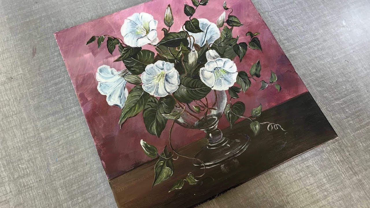 White Morning Glory in Glass Vase ||Step-by-Step Acrylic Painting Tutorial For Beginners