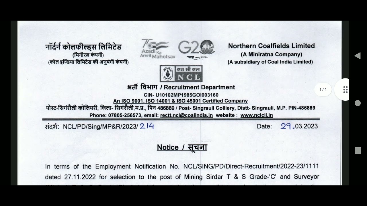 NCL MINING SIRDAR // SURVEYOR , SCORE- CARD