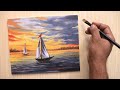 Acrylic painting of beautiful sunset sky with lonely ships