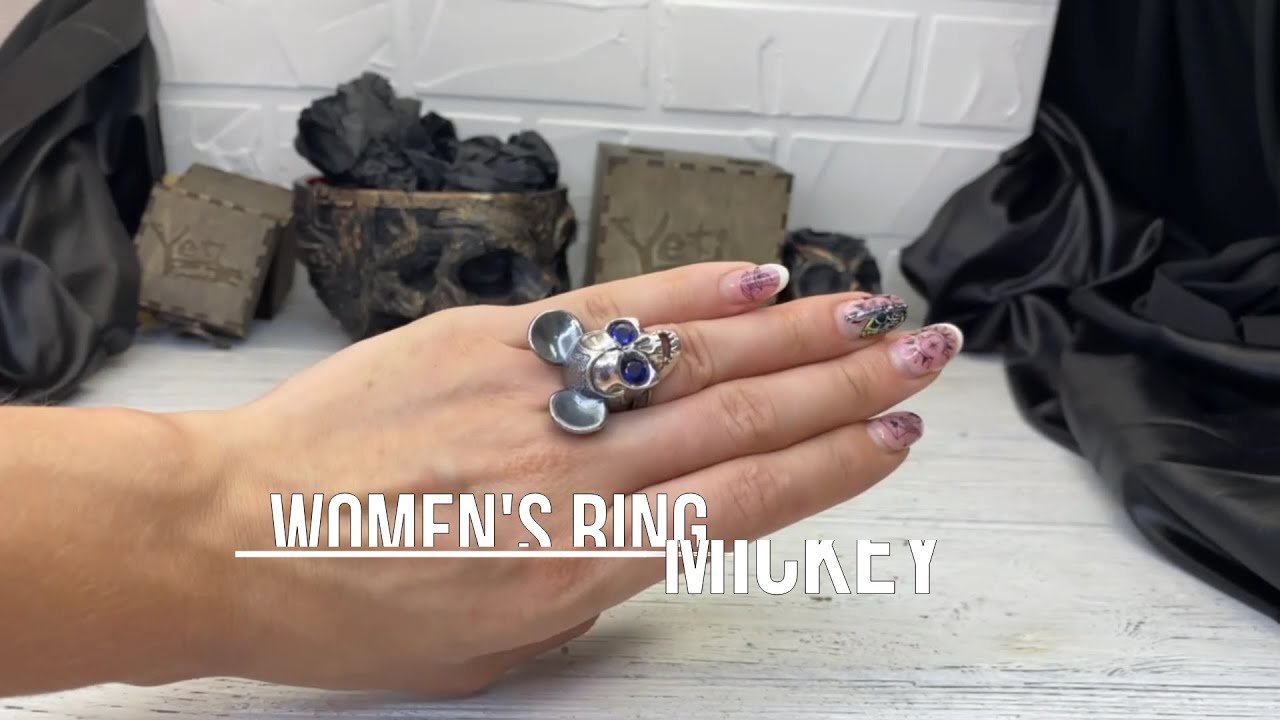 Women's skull ring mouse with dark blue gemstones "Mickey"