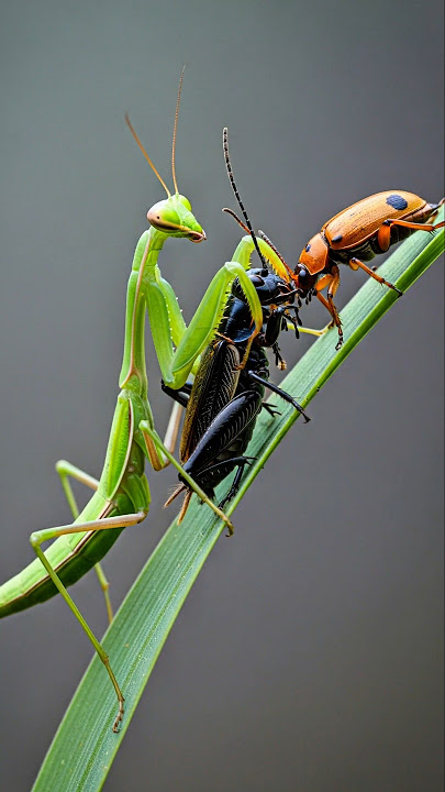 The Praying Mantis and the Bombardier Beetle Fight Over the Cricket #bombardier #prayingmantis