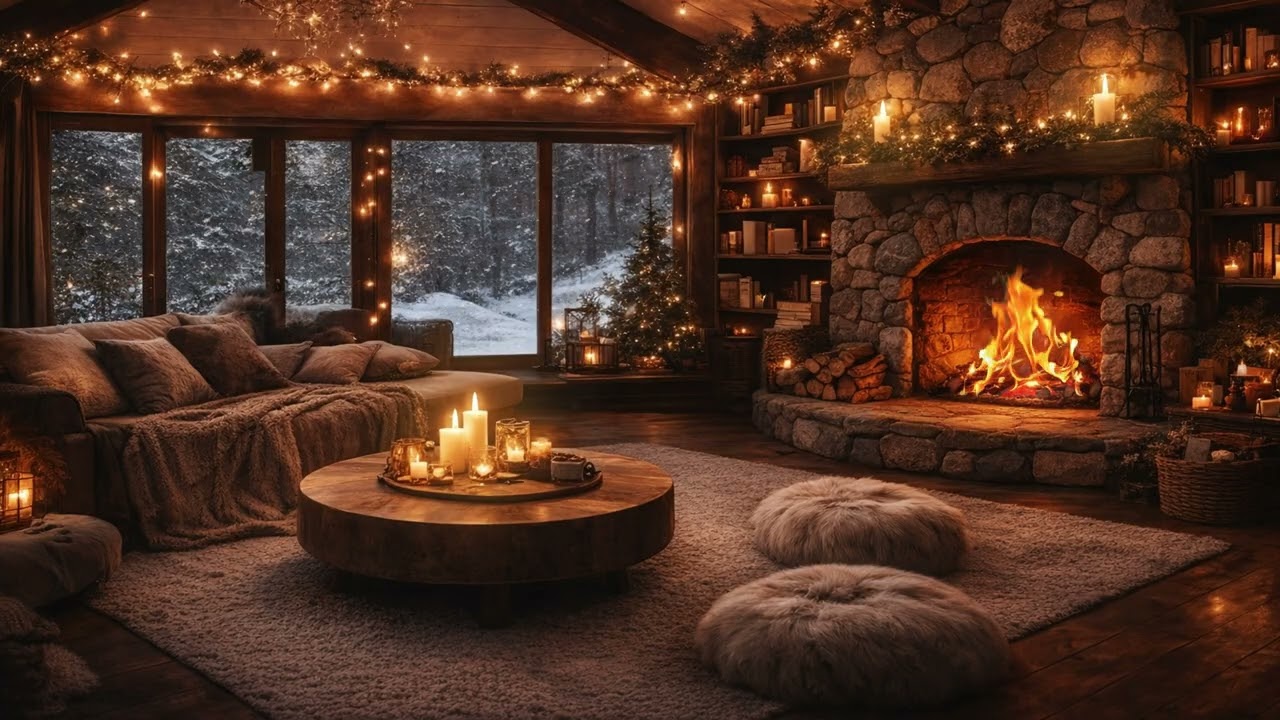Snowfall Outside the Cabin ❄️ Cozy Fireplace & Candlelight Ambience