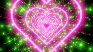 Neon Tunnel of Pink Hearts And Green Particles on a Mirrored Background. 4K Video Loop