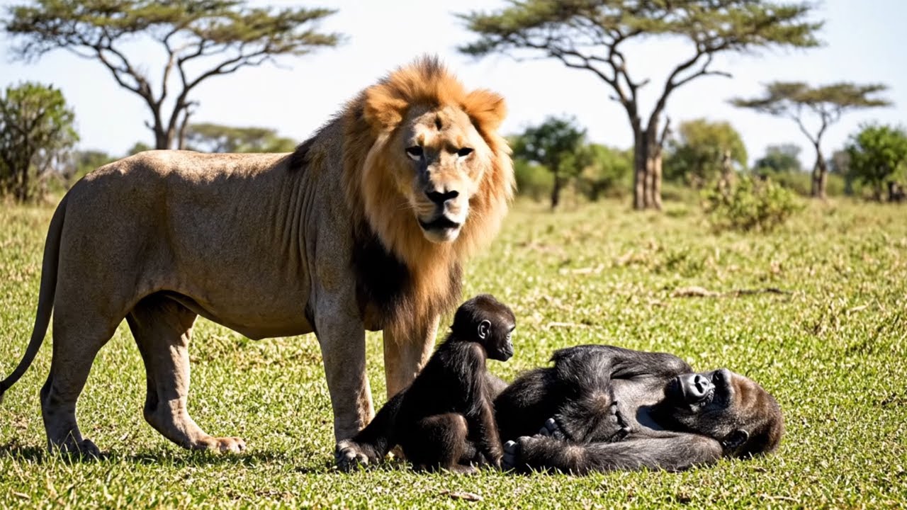 После того как охотники убили самку гориллы, лев нашел детеныша — его поступок шокировал всех!