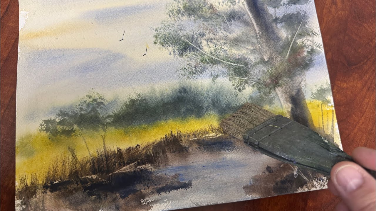 Easy Watercolor Landscape Painting with the Hake Brush A Tree and a Pond