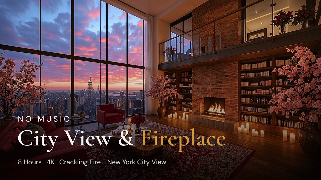 Fireplace Crackling Sounds 🔥 Cozy New York Penthouse with Empire