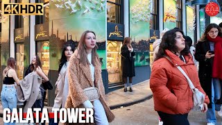 Galata Tower Tourist Area Istanbul 2024 Walking Tour 4K HDR