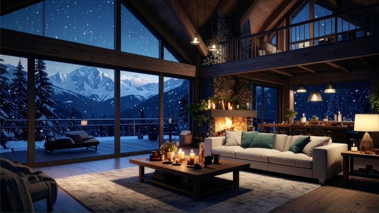 Cozy Cabin Fireplace by the Snowy Window with Soft Jazz Piano | Winter Ambience for Deep Sleep