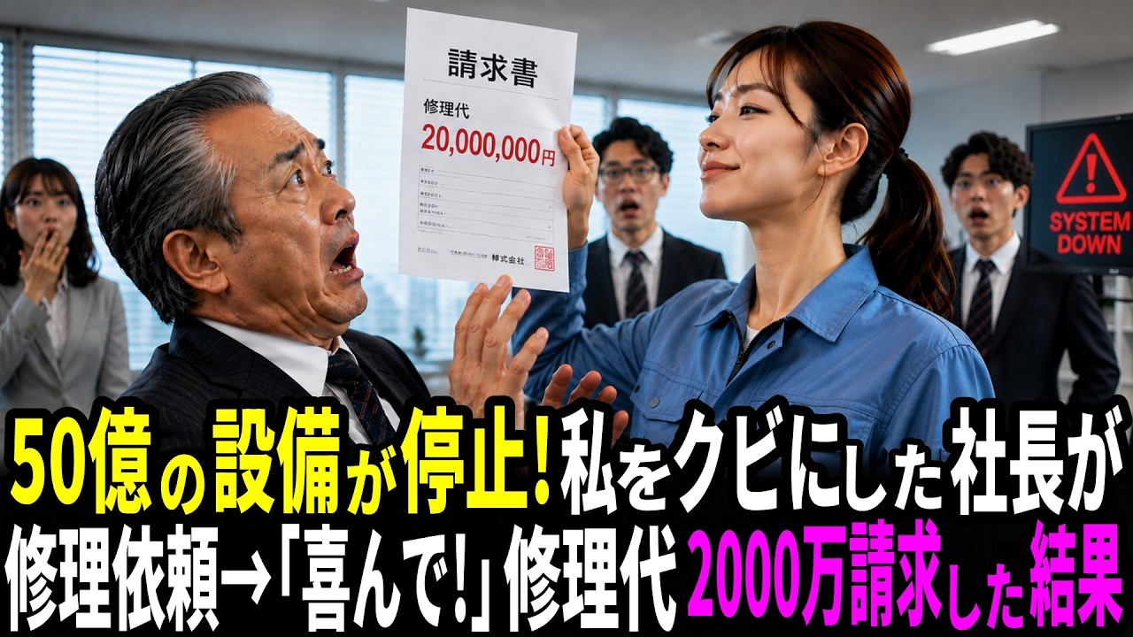 全社員の前で、「無能なくせに口応えするな。今すぐ消えろ」と怒鳴られ、無実の罪で解雇された。弁明の余地すら与えられず、退職金まで奪われて。でも、それから3日後の深夜、泣きながら電話をかけてきたのは、私を切り捨てた社長だった。「頼む、直しに来てくれ。50億のラインが止まったんだ」。私は静かに笑った。この修理代、2000万にしよう。そして、あの日奪われたものは、必ず取り返す。私の口元には、もう迷い...