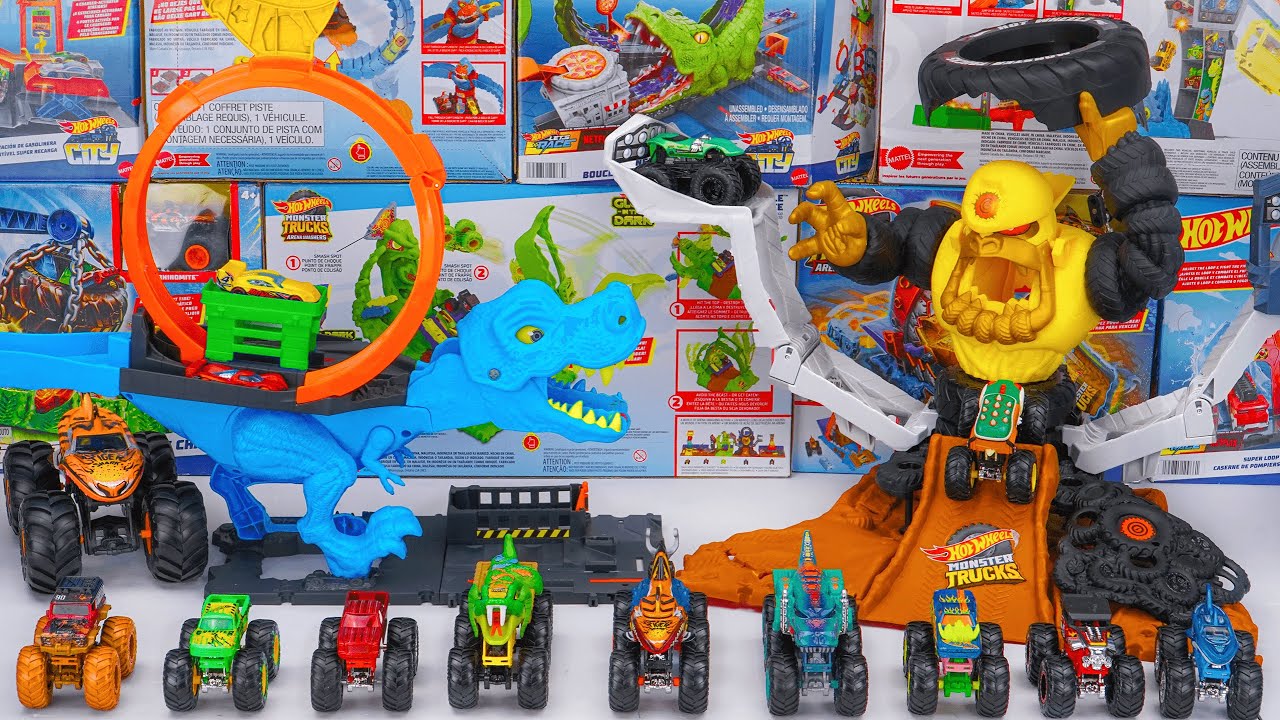 🔥TOY ASMR🔥 104 Mins Hot Wheels Monster Trucks Arena Smashers Mega-Wrex Vs Crushzilla Takedown Set