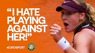 Mirra Andreeva reacts after beating Daria Kasatkina to reach the French Open quarter-finals 👏