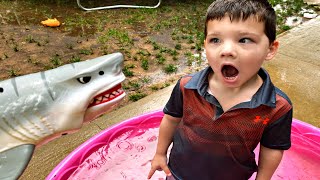 Rainy Day Routine! Caleb & Mommy play in Muddy Puddles with Baby Shark in Rain STORM