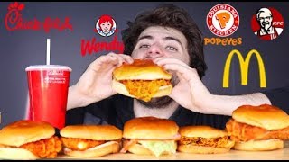 EATING THE MOST CHICKEN SANDWICHES IN 3 minutes! (KFC, Chick Fil A, McDonalds, Popeyes)