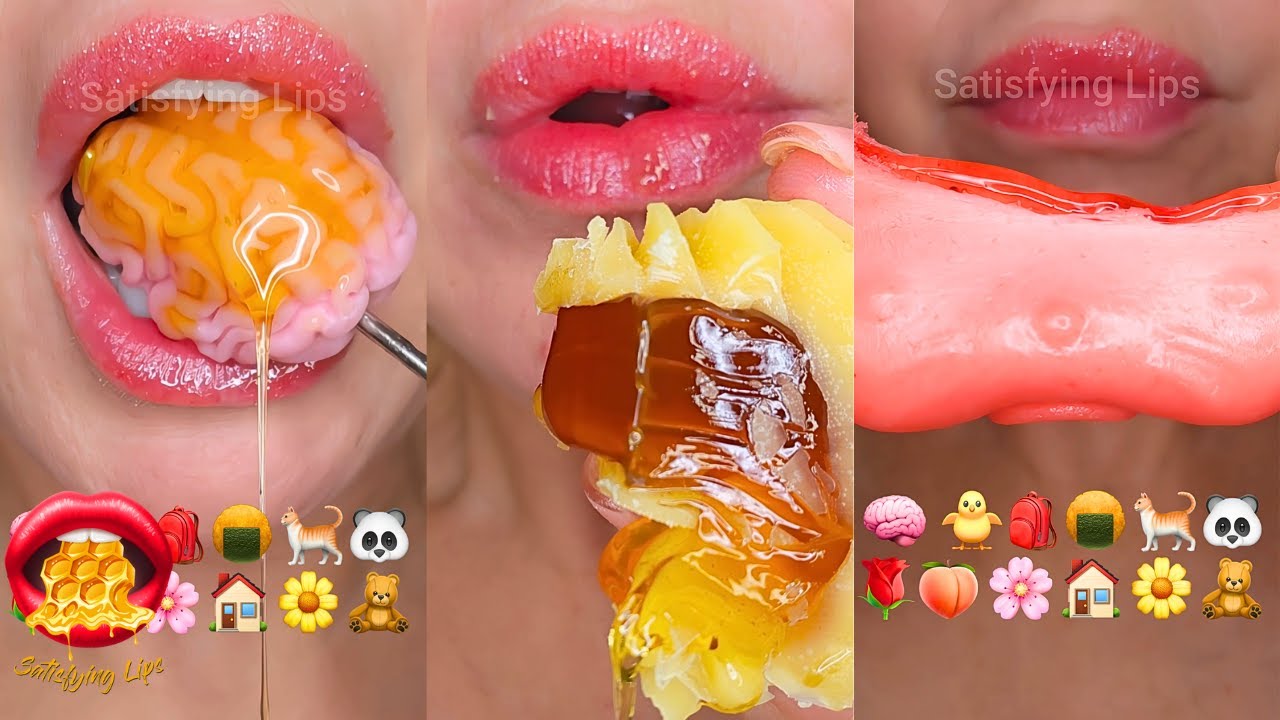 ASMR Satisfying Eating Emoji Food Challenge Wax Candy Fondant Gummies