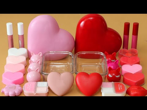 Mixing”Pink VS <strong>Red</strong>” Eyeshadow and Makeup,parts,glitter Into <strong>Slime</strong>!Satisfying <strong>Slime</strong> Video!★ASMR★