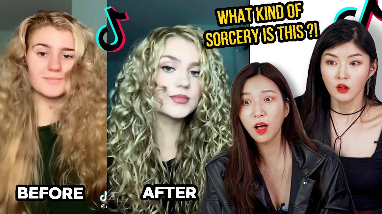 Korean girls react to TikTok CURLY HAIR Routine