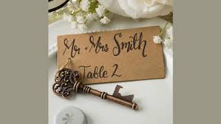 Copper skeleton key bottle opener with a kraft paper tag Name / Place Cards