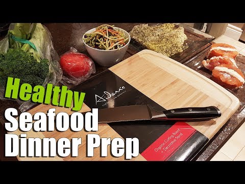 Seafood Salad Dinner Prep with Natural Bamboo Cutting Board