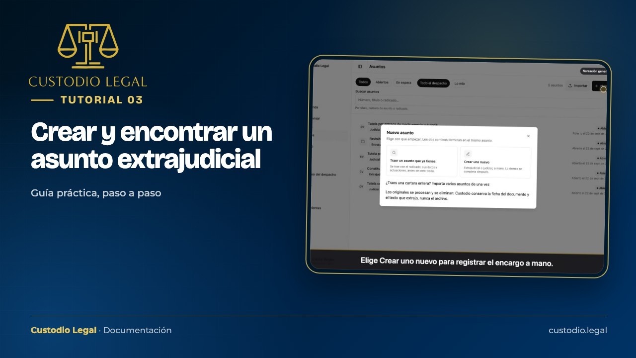 Miniatura do tutorial: Crear y encontrar un asunto extrajudicial