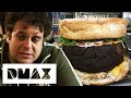 Adam attempts to eat a 190 lb burger that weights nearly the same as him  man v food