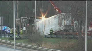 Tractor trailer truck fire slowing traffic on Mass Pike