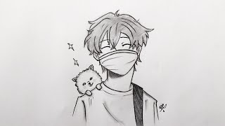 رسم انمى كيوت ولد يرتدى كمامة .. رسم  سهل بالرصاصdrawing cute anime boy wearing mask ..